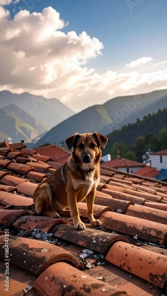 Obraz Dog on rooftop, mountainscape