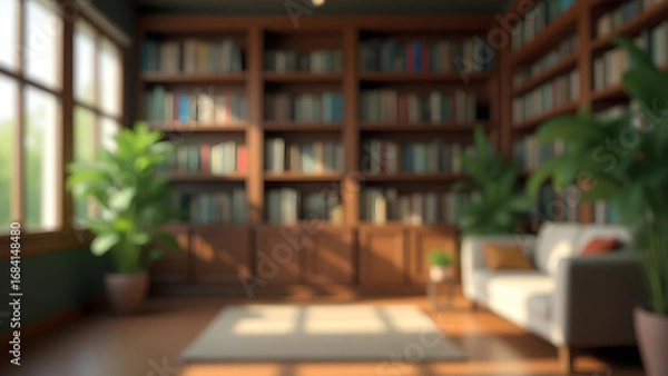 Fototapeta Blurred view of a modern home library with dark wooden bookshelves filled with books and green plants.