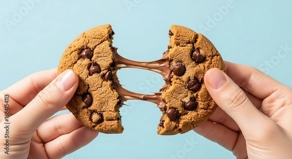 Fototapeta Chocolate chip cookie broken with melted chocolate stretch held by two hands, pastel blue background, snack photography for modern branding