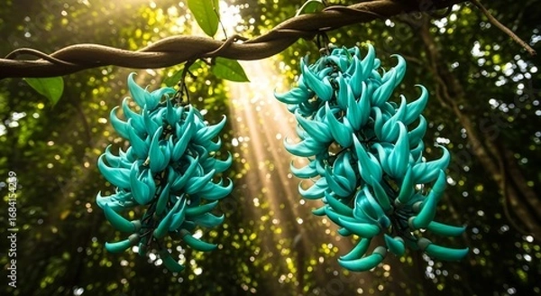 Fototapeta Rare jade vine flower cluster with cascading turquoise blossoms in rainforest canopy, ethereal upward photography for exotic floral visuals