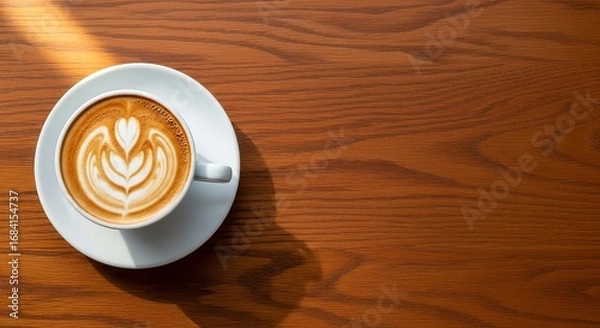 Fototapeta White ceramic cappuccino cup with latte art on wooden café table, flat lay food photography for editorial design and branding use
