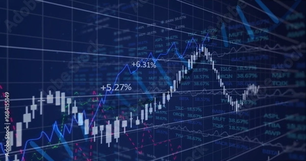 Fototapeta Displaying white candlestick chart and line graphs on trading grid interface, with stock tickers