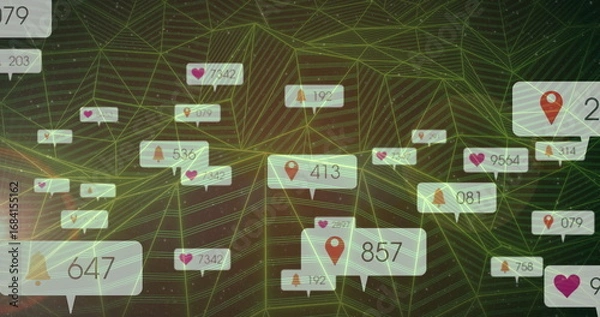 Fototapeta Floating cluster of badges hovering over green wireframe grid, with heart bell pin icons and counts