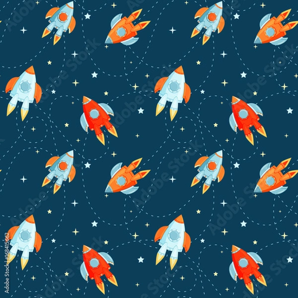 Fototapeta Cartoon vector rockets in cosmos seamless pattern