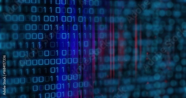 Obraz Streaming grid of glowing binary digits and colored streaks at computer screen, with code interface