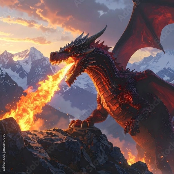 Obraz Dragon spewing flames over mountain range