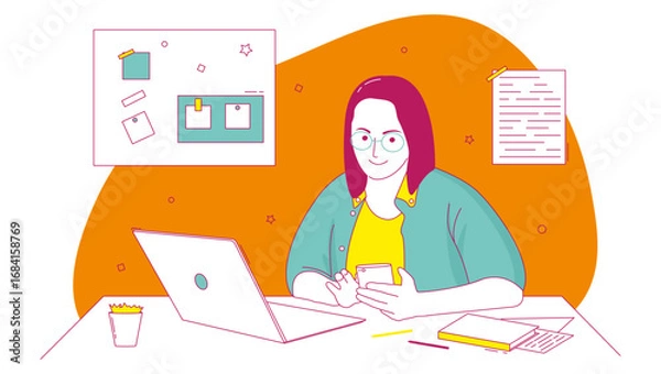 Fototapeta Young Woman Working Remotely with Laptop and Smartphone – Multicolor Flat Line Illustration. Vector Illustration.