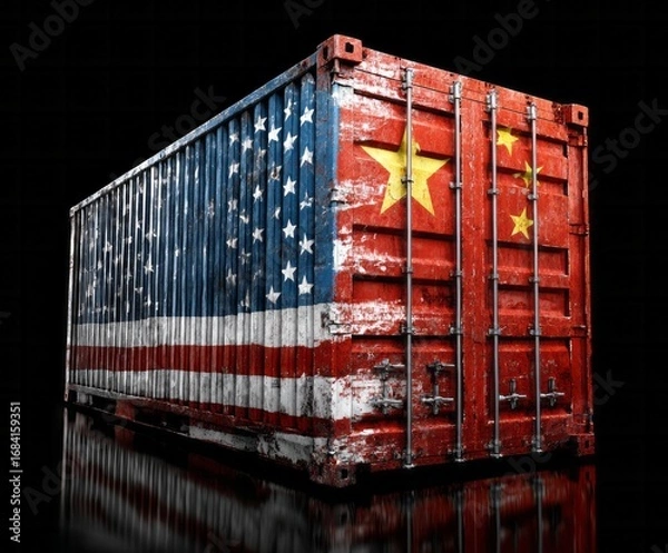 Fototapeta A weathered shipping container, bearing the flags of the United States and China, stands prominently against a black backdrop, reflecting the dark surface.