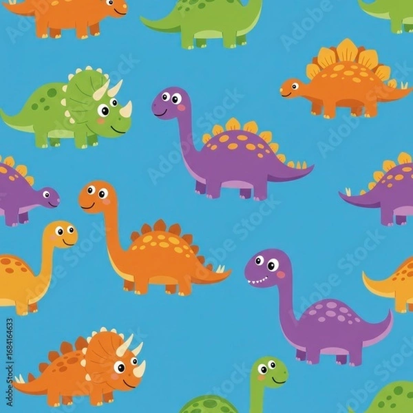 Fototapeta A playful seamless pattern featuring colorful and cute cartoon dinosaurs. A repeating background of prehistoric animals like triceratops for children's designs