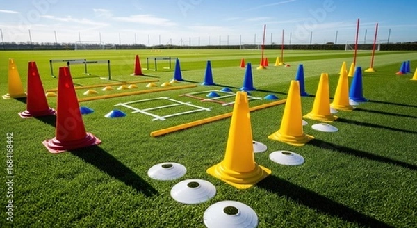 Fototapeta Colorful agility training course on a grassy field.  Cones, hurdles, and markers are strategically placed for soccer or other sports drills