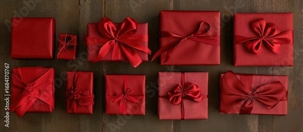 Fototapeta Red gift boxes with various bows on a wooden surface