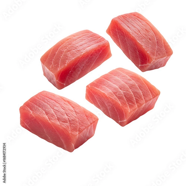 Fototapeta Levitation of sliced raw tuna meat stacked in the air, highlighting freshness and culinary skill for sushi presentations isolated on white or transparent background. PNG
