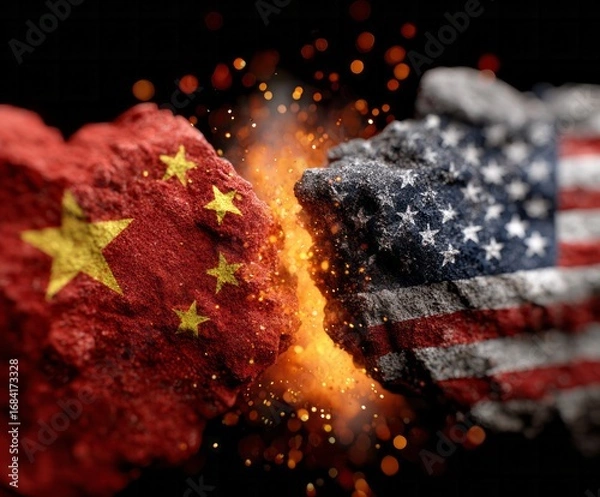 Fototapeta A dramatic clash depicted by two rocks, one bearing the Chinese flag and the other the American flag, fracturing apart amidst a fiery explosion.