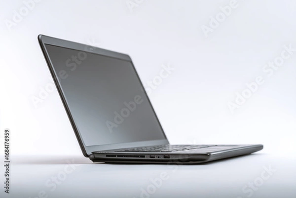 Fototapeta Modern silver laptop computer open and angled on a clean white background isolated on white background