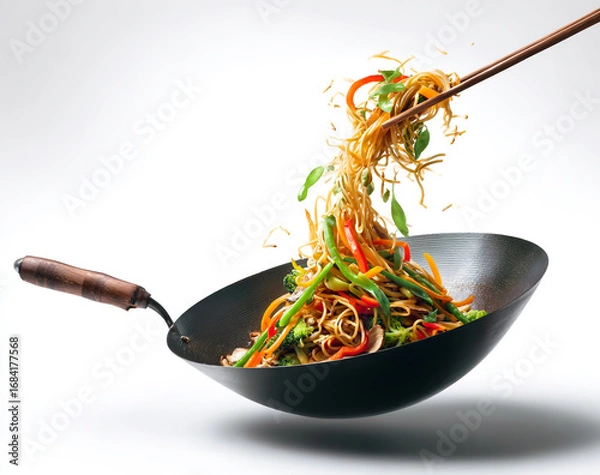 Fototapeta Delicious stir fry noodles being lifted from a wok with chopsticks isolated on white background