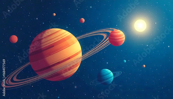 Fototapeta Colorful Outer Space Illustration of Planets and Stars in Bright Sunlight