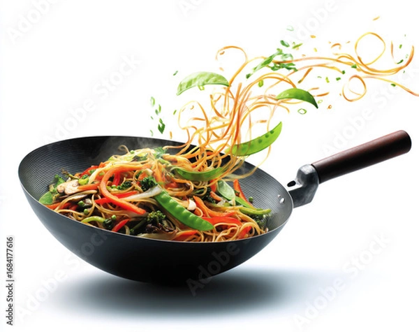 Fototapeta Delicious asian stir fry noodles with vegetables in a wok isolated on white background