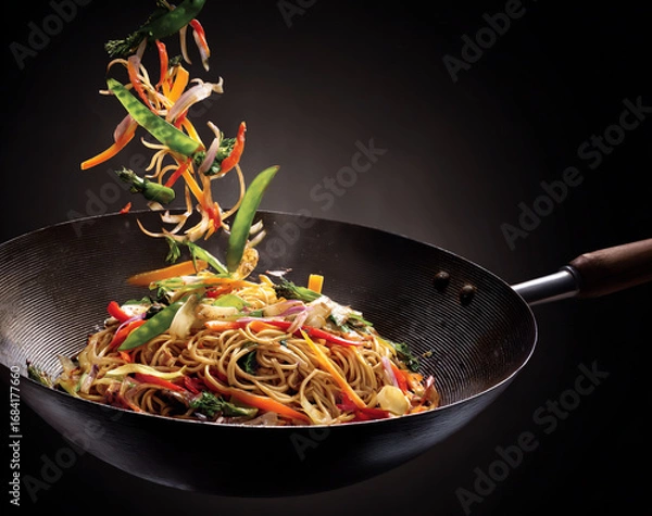 Fototapeta Colorful asian stir fry noodles and vegetables being tossed in a wok isolated on white background