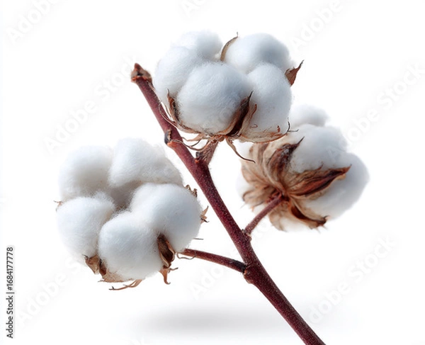 Fototapeta Three fluffy cotton bolls on a thin branch isolated on white background