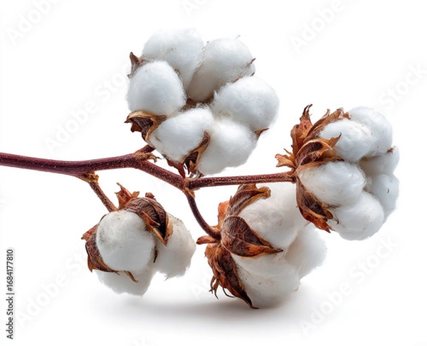 Fototapeta A delicate branch with fluffy white cotton bolls isolated on white background