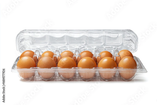 Fototapeta A dozen brown chicken eggs neatly arranged in a clear plastic carton isolated on white background
