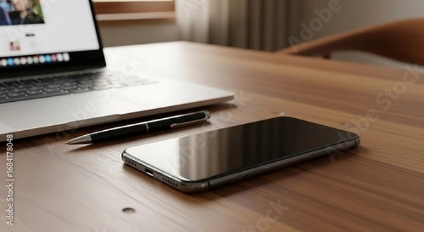 Fototapeta Modern Workspace with Laptop, Phone, and Pen.