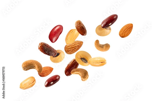 Fototapeta Falling different nuts isolated on white background.