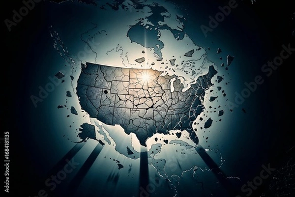 Fototapeta Fragmented United States map breaking apart in space showing territorial division and national disintegration crisis