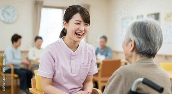 Fototapeta 介護士や看護師が高齢者施設や病院で楽しそうに働いている