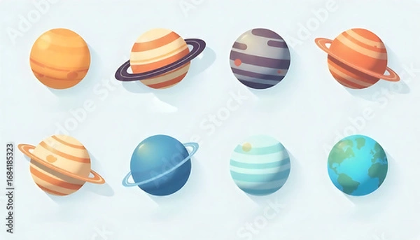 Fototapeta Colorful Planet Illustration Set Featuring Various Planets with Rings and Earth in Bright Pastel Colors