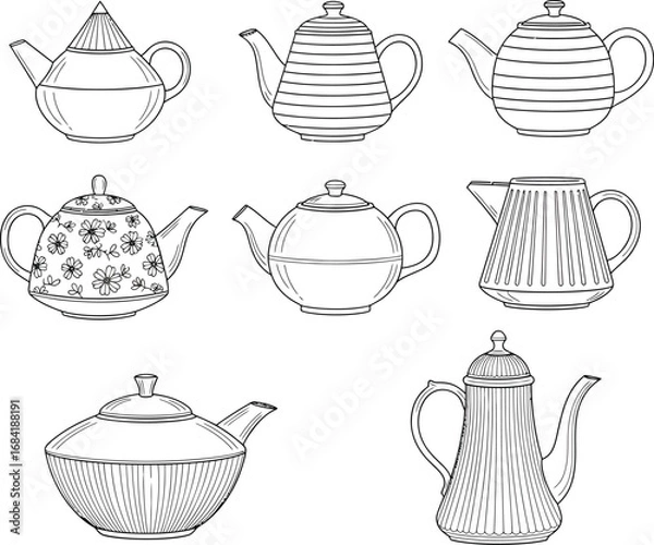 Fototapeta Collection of seven unique hand drawn black and white line art teapots with varied decorative patterns and styles