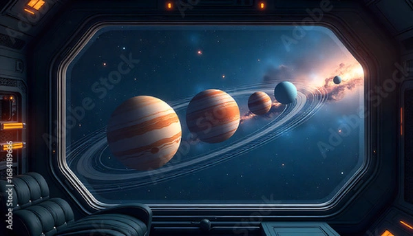 Fototapeta Futuristic Spacecraft Interior View of Planets and Stars Through Large Window