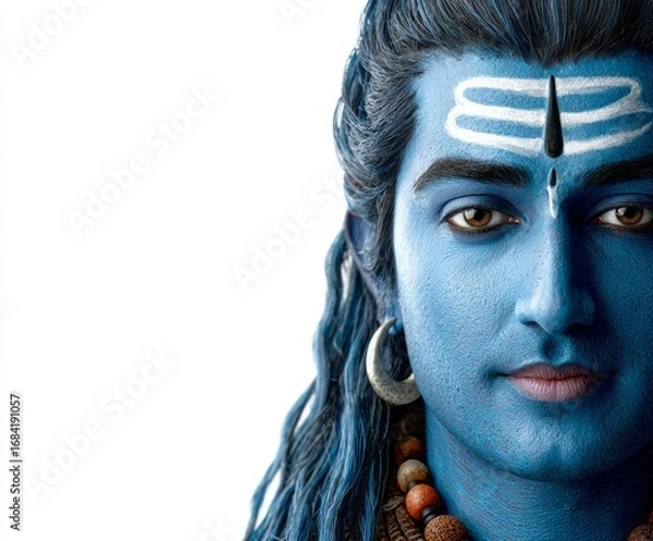 Fototapeta Close-up portrait of a person with vibrant blue face paint, evoking the deity Shiva, with intricate details and a solemn expression.
