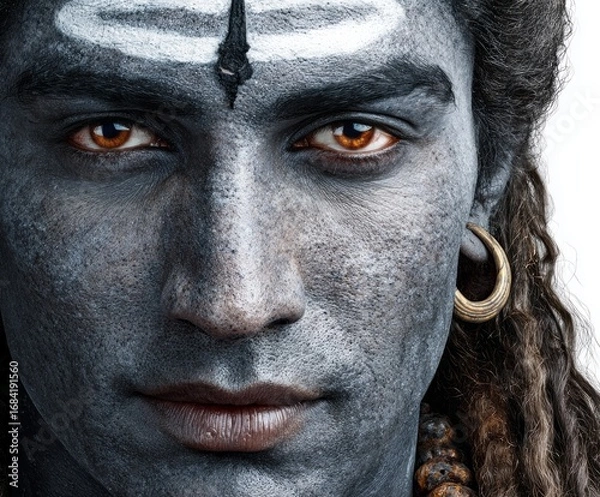 Fototapeta Close-up portrait of a man with intricate face paint, evoking a powerful and spiritual presence.