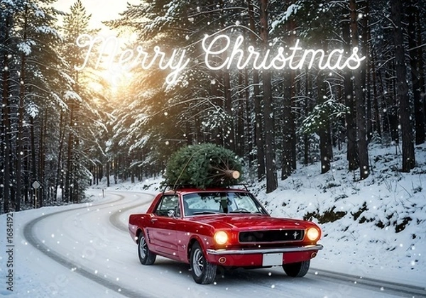 Fototapeta A Nostalgic Winter Scene of a Retro Truck Bringing Home the Christmas Tree