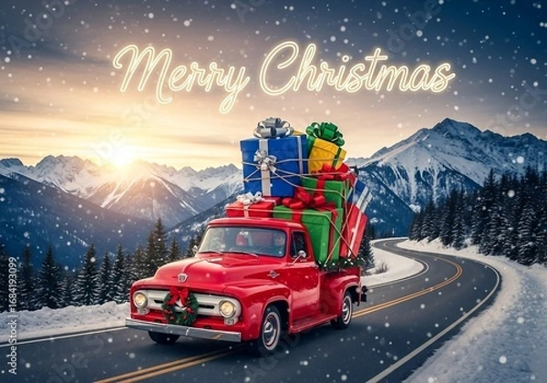 Fototapeta Vintage Red Truck Carrying Christmas Gifts Through a Snowy Mountain Landscape