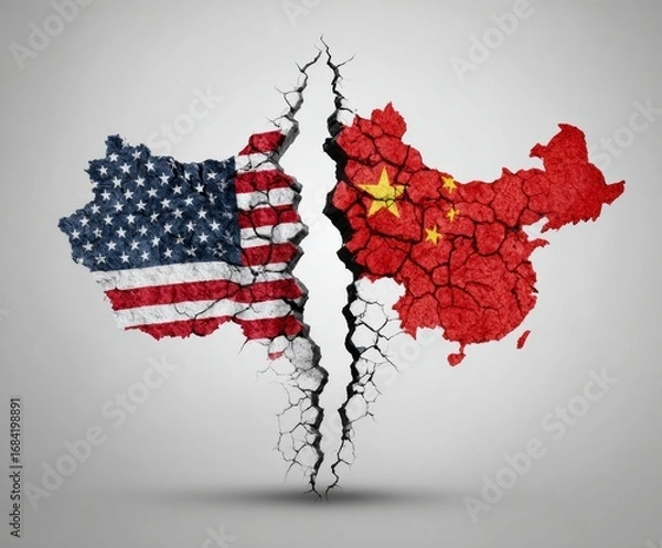 Fototapeta A divided global landscape, with the USA and China's flags superimposed on cracked earth, symbolizes strained international relations.