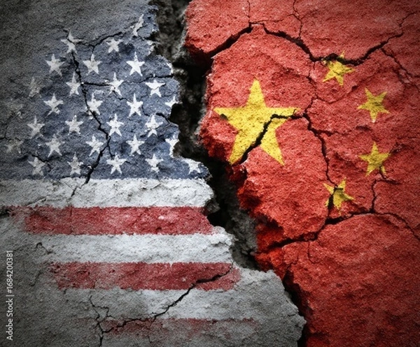 Fototapeta American and Chinese flags depicted on a cracked, dry surface, symbolizing strained relations.