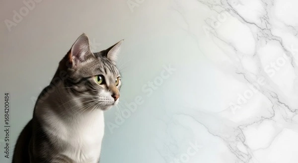 Fototapeta Photorealistic high-key minimalist studio portrait of a domestic tabby cat looking right against a marble gradient background.