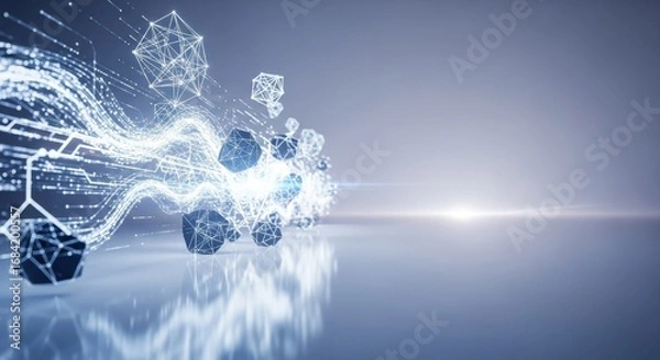 Fototapeta Futuristic abstract digital art featuring glowing data streams and interconnected geometric forms.