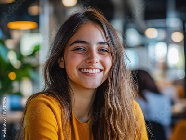 Fototapeta Photo of a teen giving a shy smile at their first job interview, nervous but trying their best