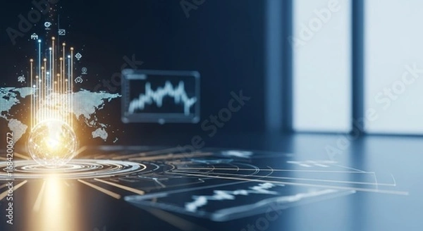 Fototapeta Global economy outlook with digital data, world map, and futuristic technology connections.