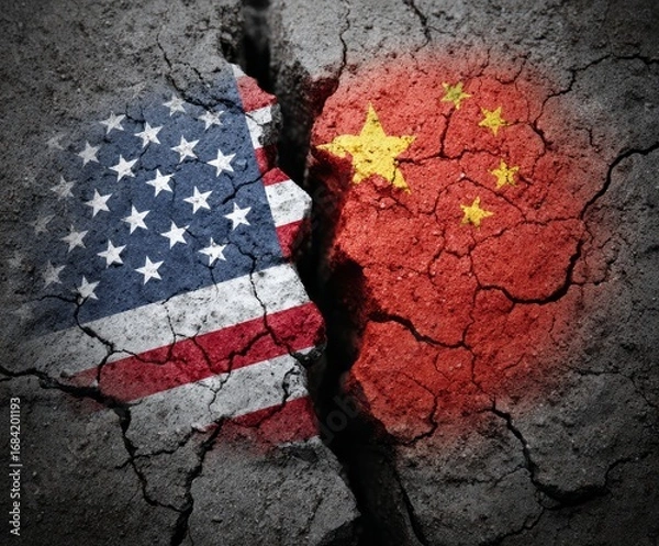 Fototapeta A fractured earth, contrasting the flags of the USA and China, depicts a strained international relationship.