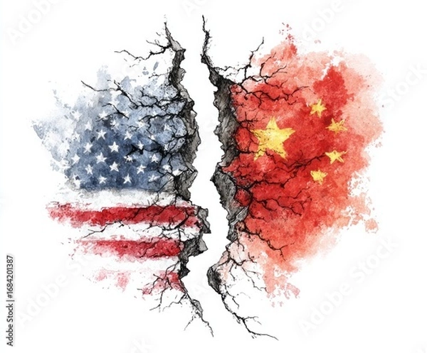 Fototapeta A fractured relationship between the United States and China, depicted by two national flags separated by a deep chasm of cracks, portrays a tense international situation.