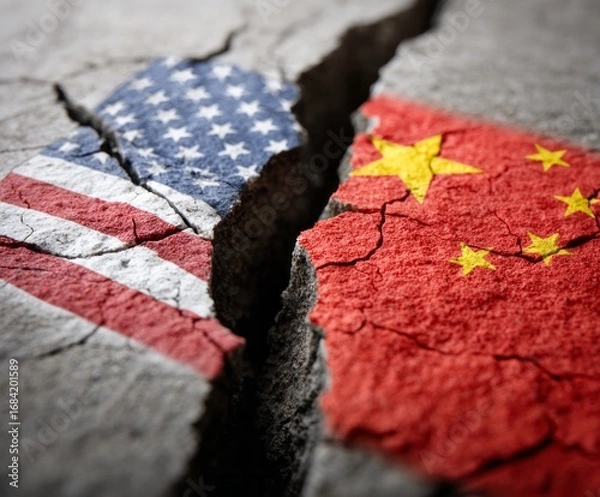 Fototapeta A fractured depiction of international relations, symbolized by the American and Chinese flags on cracked concrete, highlights a potential rift between the two nations.