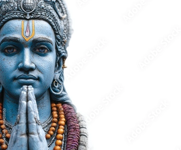 Fototapeta Close-up of a serene, blue-toned statue of a deity, featuring clasped hands and intricate details, set against a plain white background.