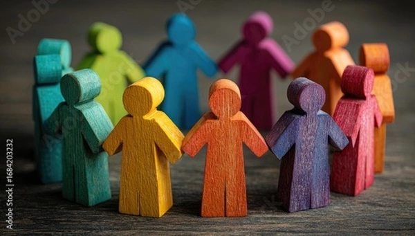 Fototapeta Diverse community of colorful figures holding hands in unity.
