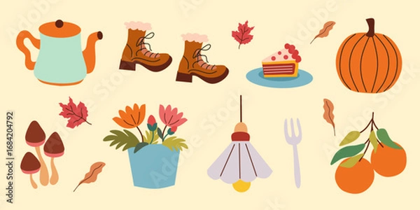 Fototapeta Autumn vector elements set. Cozy fall stickers. Leaves, pumpkin, flowers, shoes, orange, pie, drink, lamp, maple. Hello fall isolated background. Illustration in cartoon hand drawn style.
