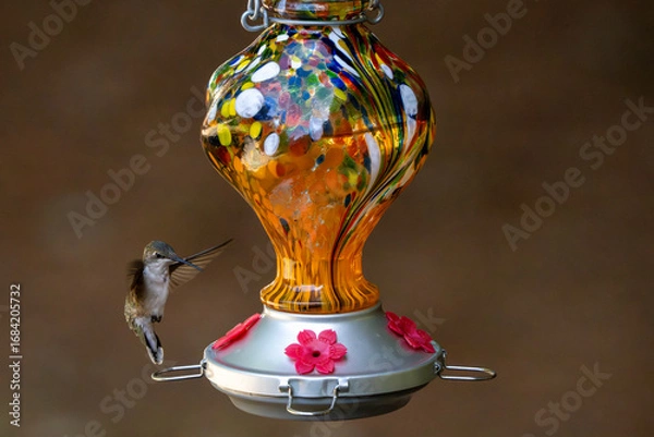 Obraz Hummingbird visiting a colorful nectar feeder.