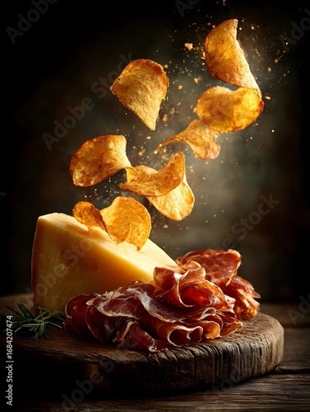 Fototapeta Golden potato chips rain down onto a board with cheese and cured meat for a savory gourmet appetizer.